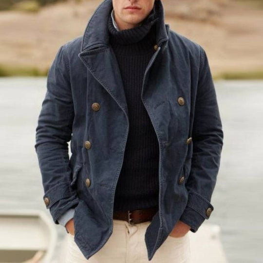 Herren Winddichte Fischerjacke mit doppelter Knopfleiste und hohem Kragen R&B