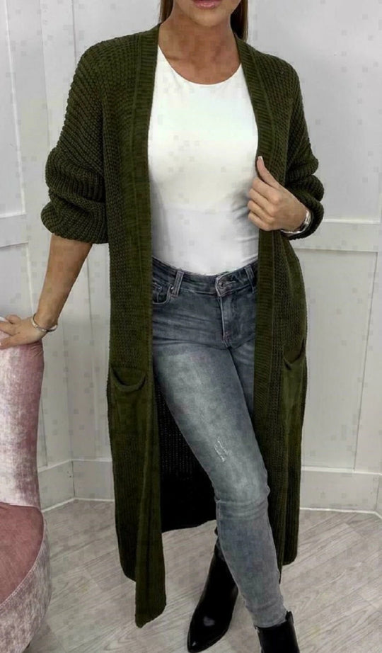Damen Langer Strickcardigan mit strukturierter Maschenoptik und praktischen Taschen R&B