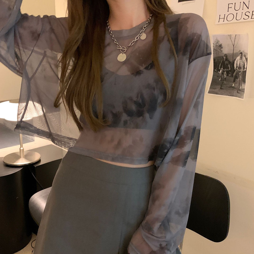 Damen cropped Sweatshirt im modernen Batikdesign mit weiten Ärmeln und Rundhalsausschnitt R&B