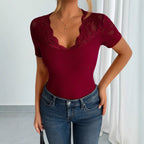 Damen Spitzen-Crop-Top mit elegantem Rundhalsausschnitt R&B