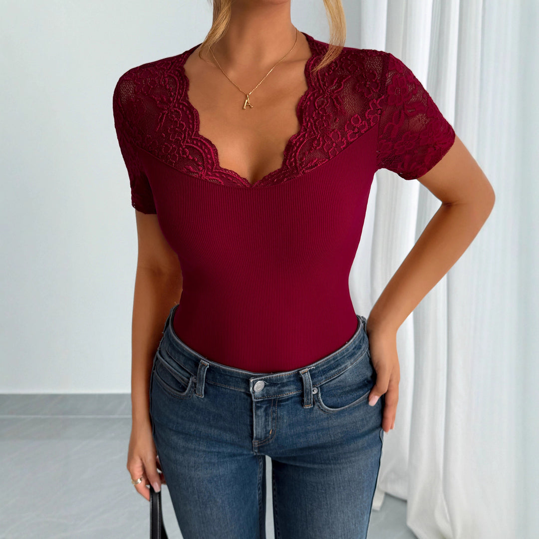 Damen nan figurbetontes Kurzarm-Top mit Spitzenbesatz und V-Ausschnitt R&B