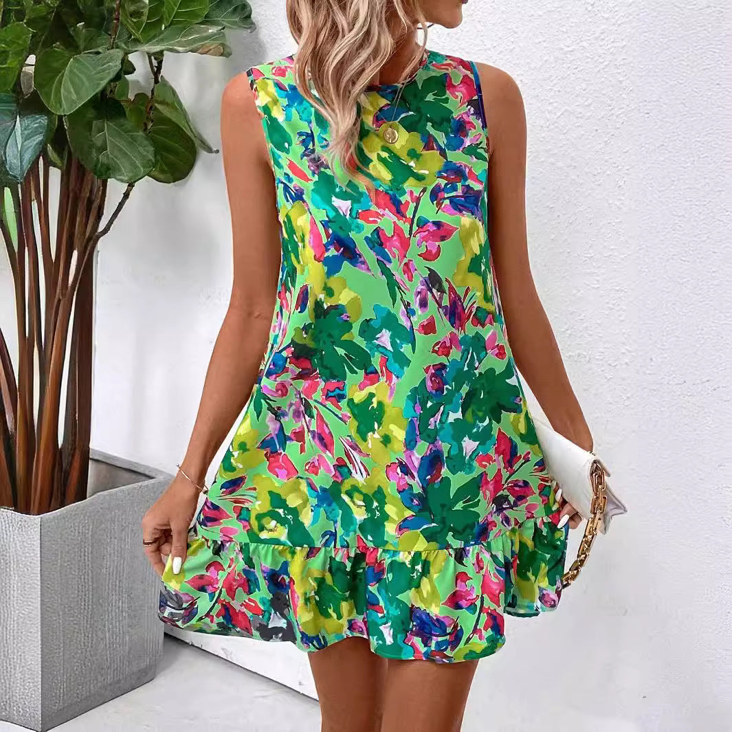 Damen nan luftiges A-Linien-Minikleid mit Rundhalsausschnitt und Volant-Saum R&B