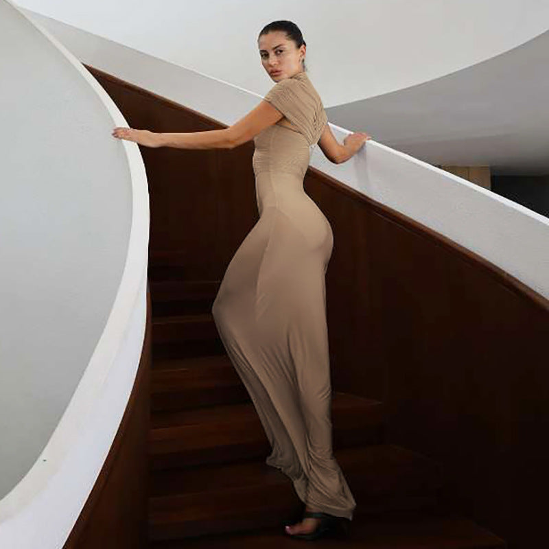 Damen Elegantes Maxikleid mit hochgeschlossenem, drapiertem Kragen R&B