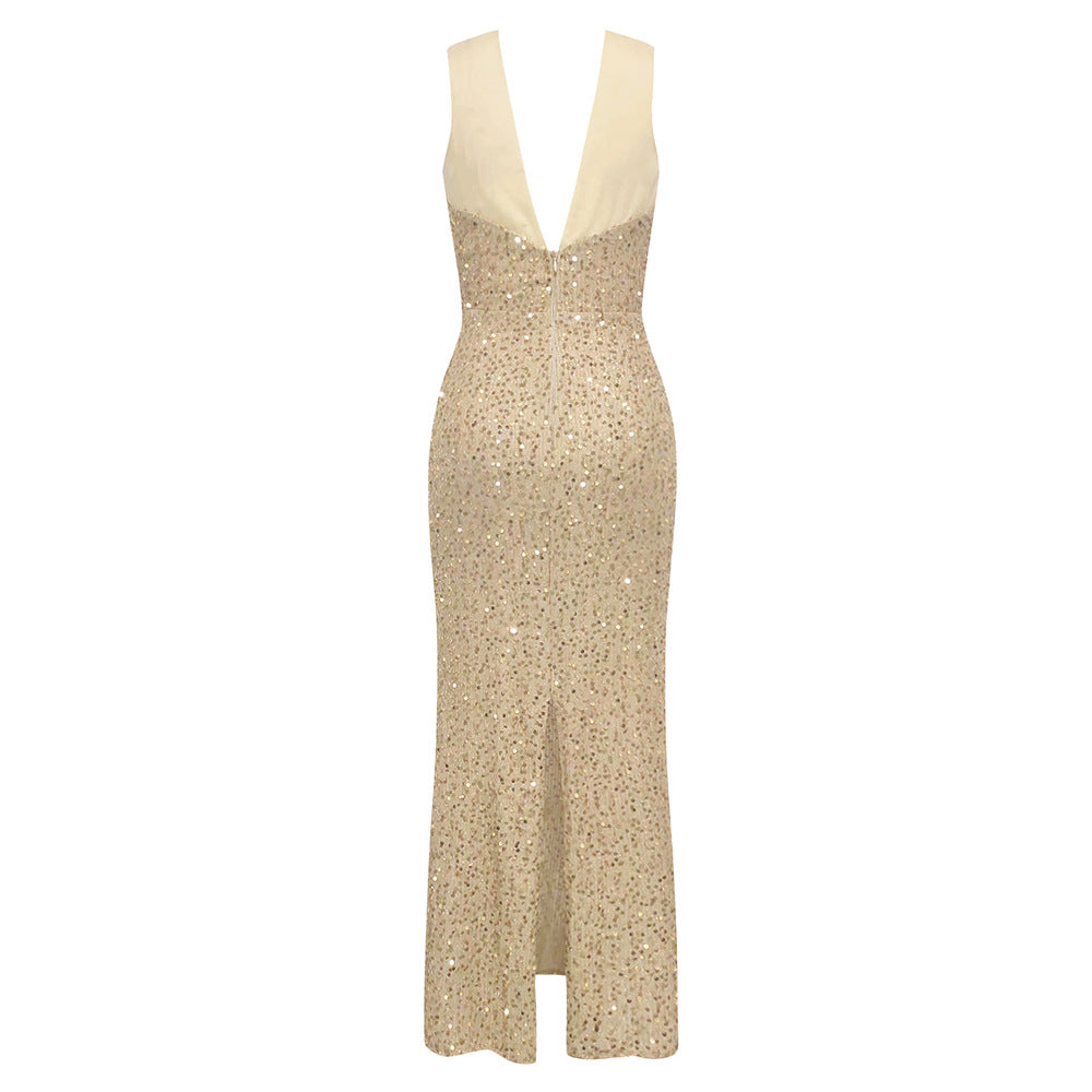 Damen Glamouröses Abendkleid mit funkelndem Paillettenoberteil und elegantem Rückenausschnitt R&B