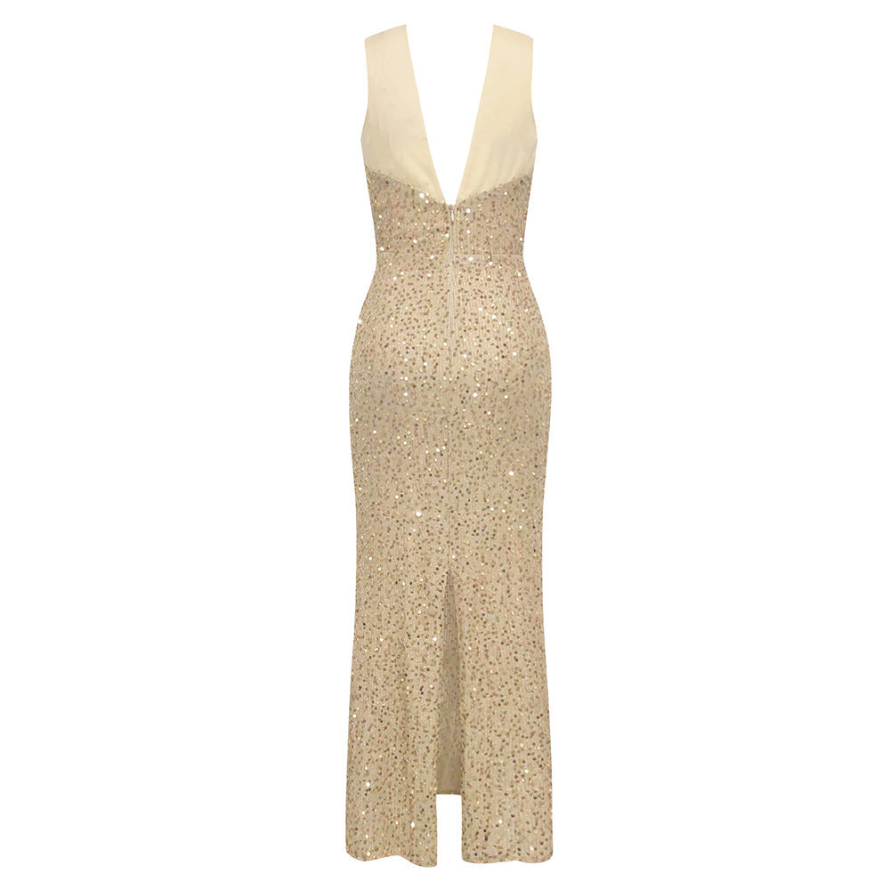 Damen Glamouröses Abendkleid mit funkelndem Paillettenoberteil und elegantem Rückenausschnitt R&B