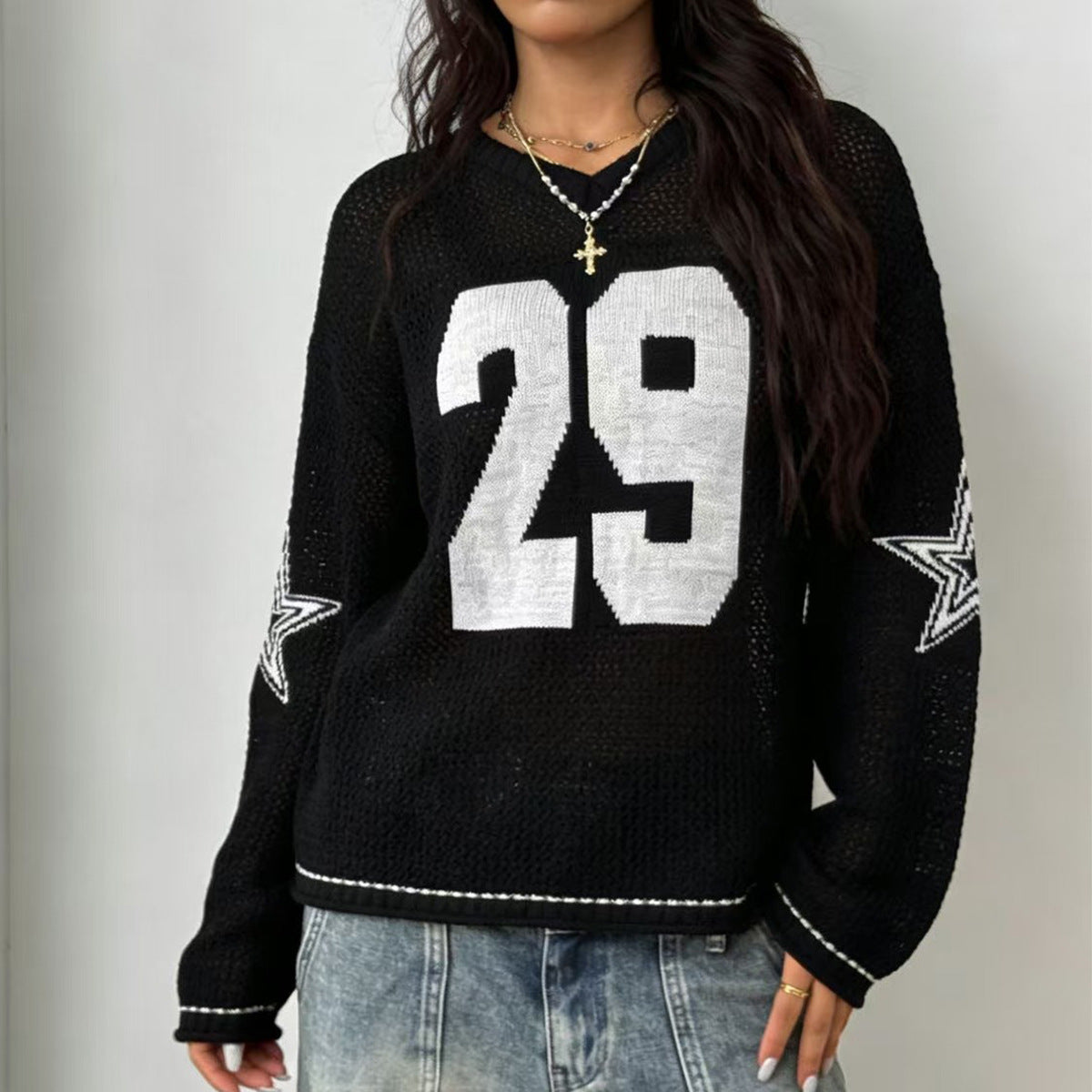 Damen Sportlicher Oversized Pullover mit Motivstickerei R&B