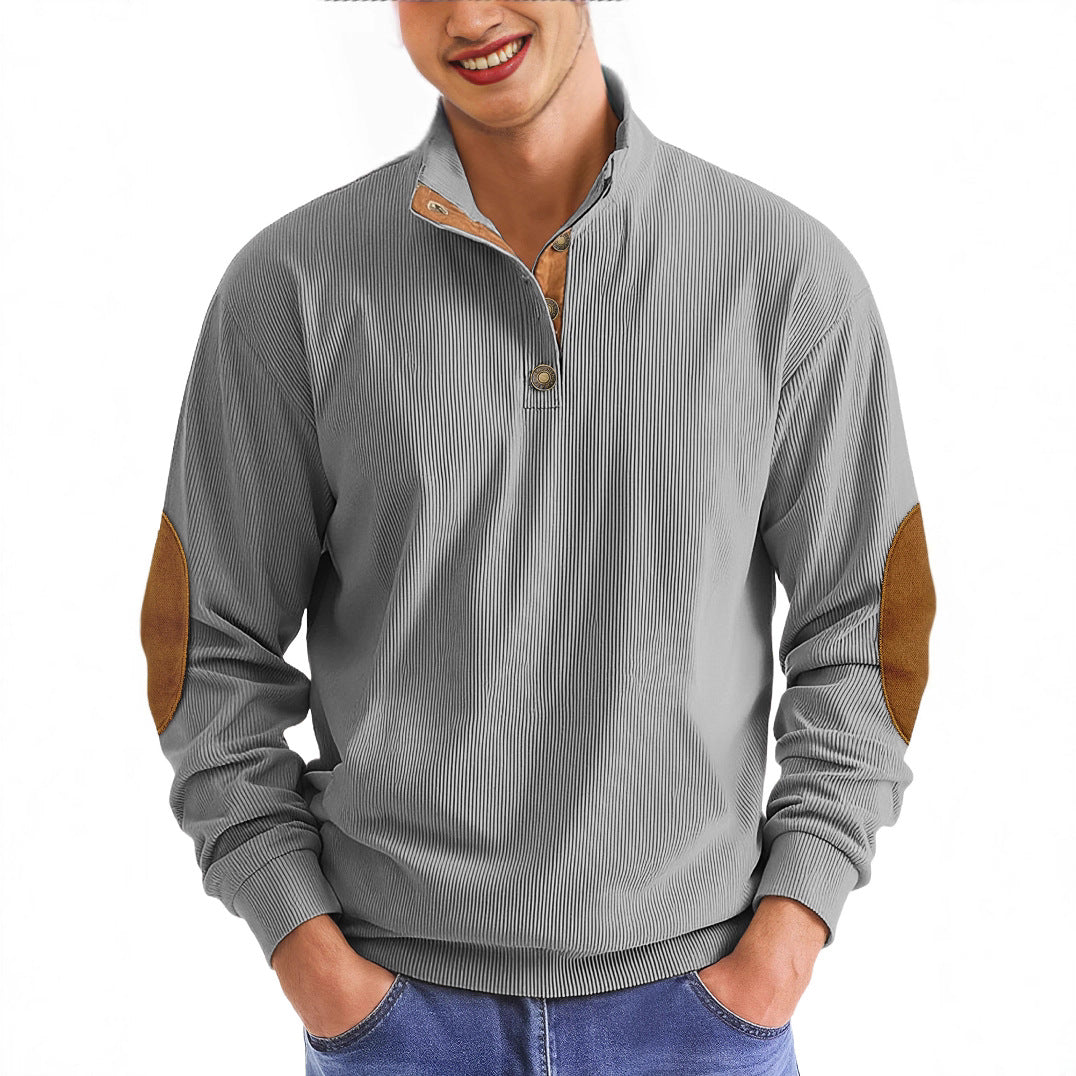 Herren nan lässiger Strukturpullover mit Polokragen, kurzer Knopfleiste und veganen Lederbesätzen R&B