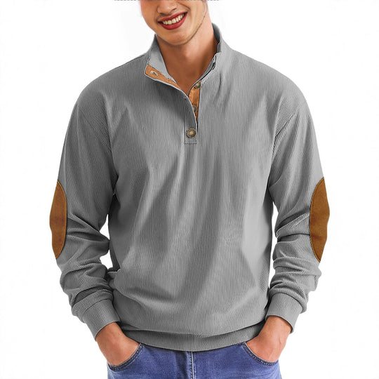 Herren nan lässiger Strukturpullover mit Polokragen, kurzer Knopfleiste und veganen Lederbesätzen R&B