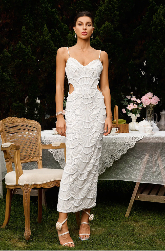 Damen Elegantes Midi-Kleid mit rückseitigen Cut-Outs und dekorativem Wellendesign R&B