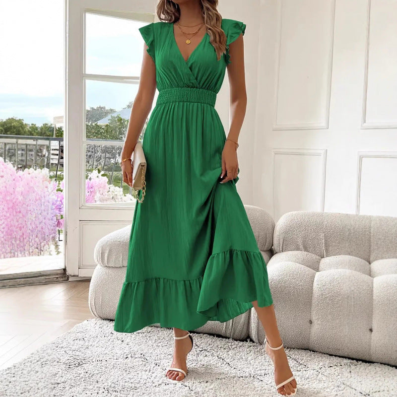 Damen Maxikleid mit voluminösen Rüschenärmel und elegantem Bund R&B