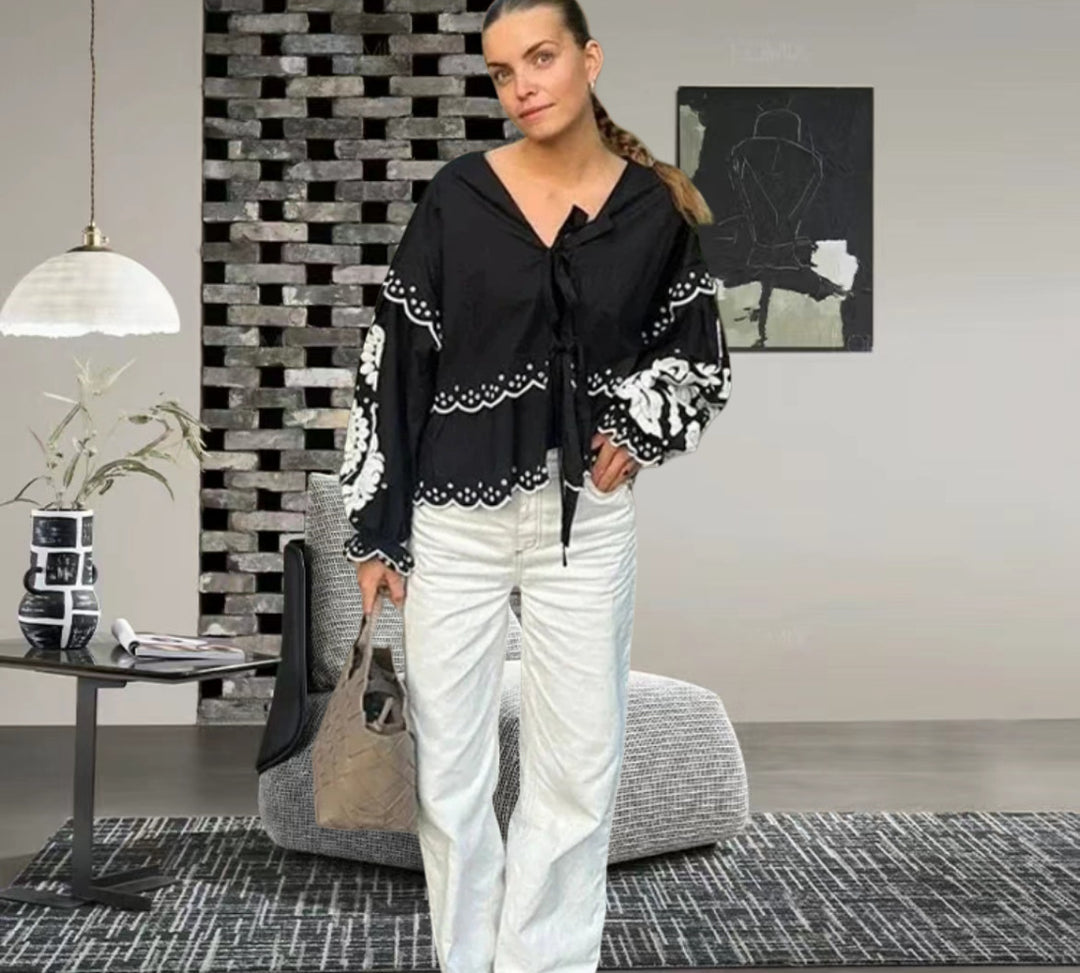 Damen Bluse mit Spitzenaufsatz und lässigem Schnitt R&B