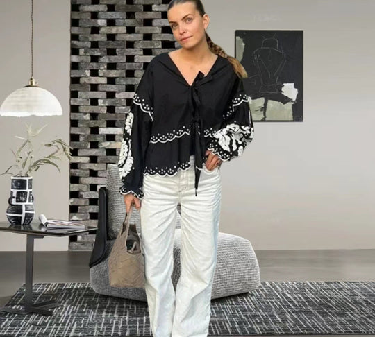 Damen Bluse mit Spitzenaufsatz und lässigem Schnitt R&B