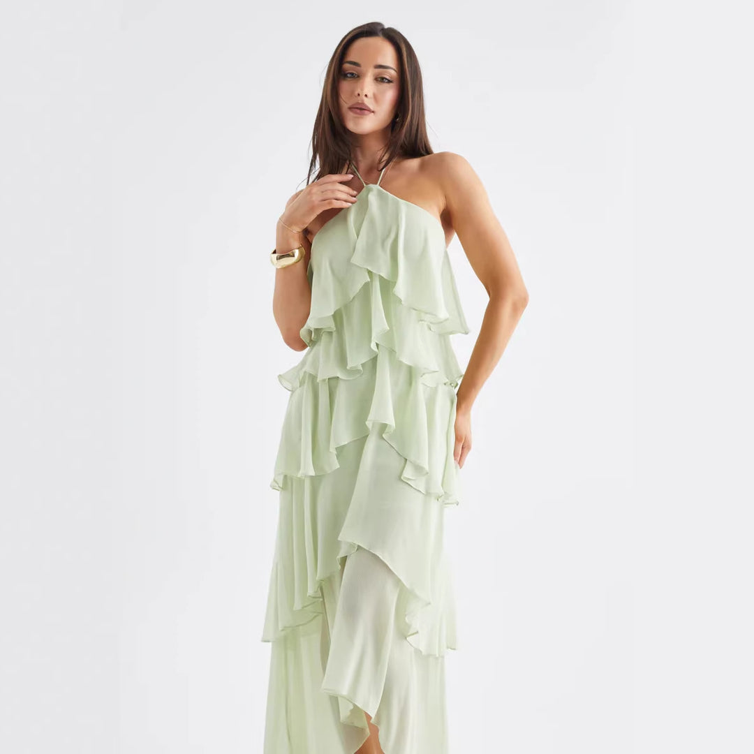 Damen Luftiges Chiffon-Maxikleid mit Rüschendetails und elegantem Halterneck R&B