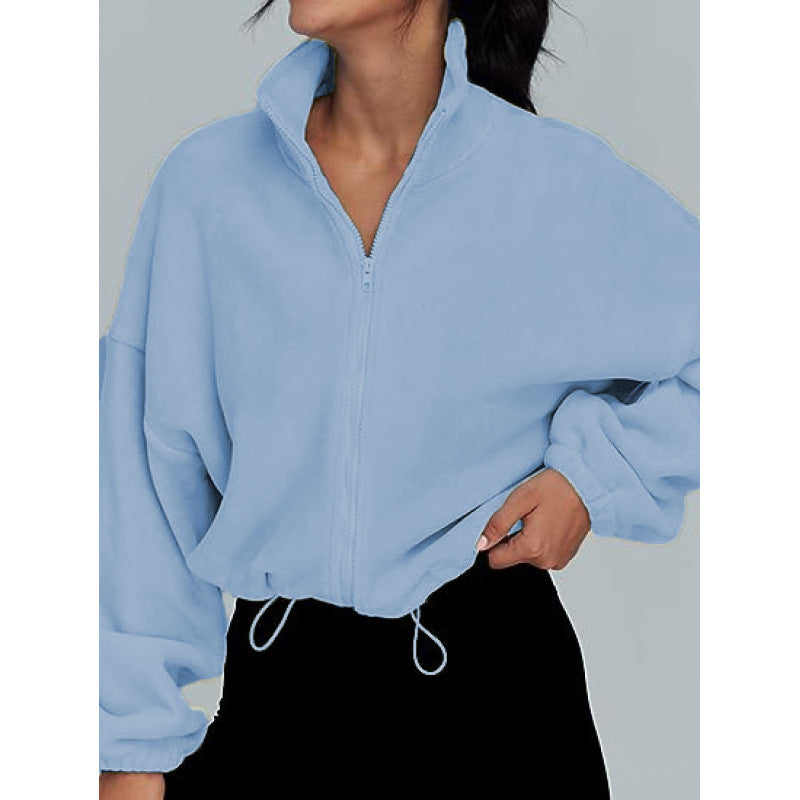 Damen trendy Oversize-Zip-Pullover mit hohem Kragen und Kordelzug R&B