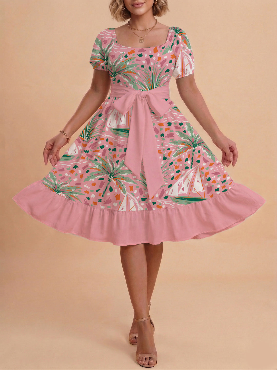 Damen Sommerliches Blumenkleid mit taillierbarem Gürtel und voluminösen Ärmeln R&B