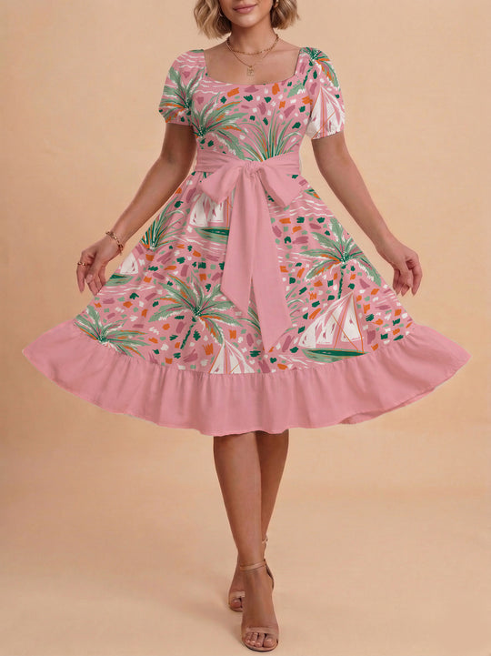 Damen Sommerliches Blumenkleid mit taillierbarem Gürtel und voluminösen Ärmeln R&B