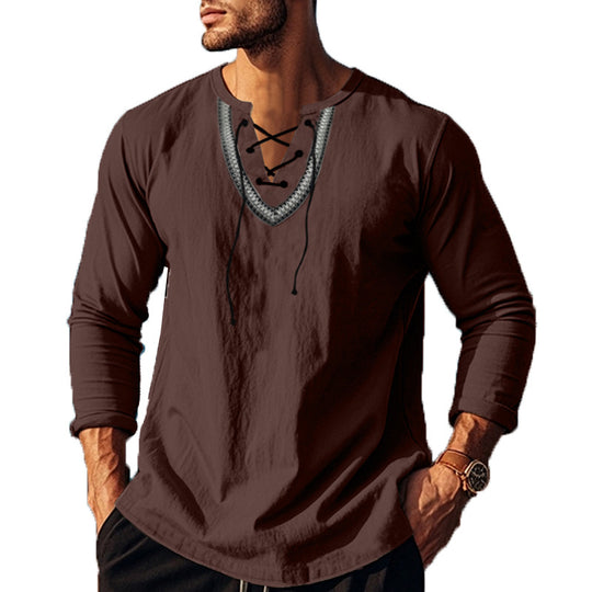 Herren Langarm-Henley-Shirt mit dekorativer Schnürung und lässigem Schnitt R&B