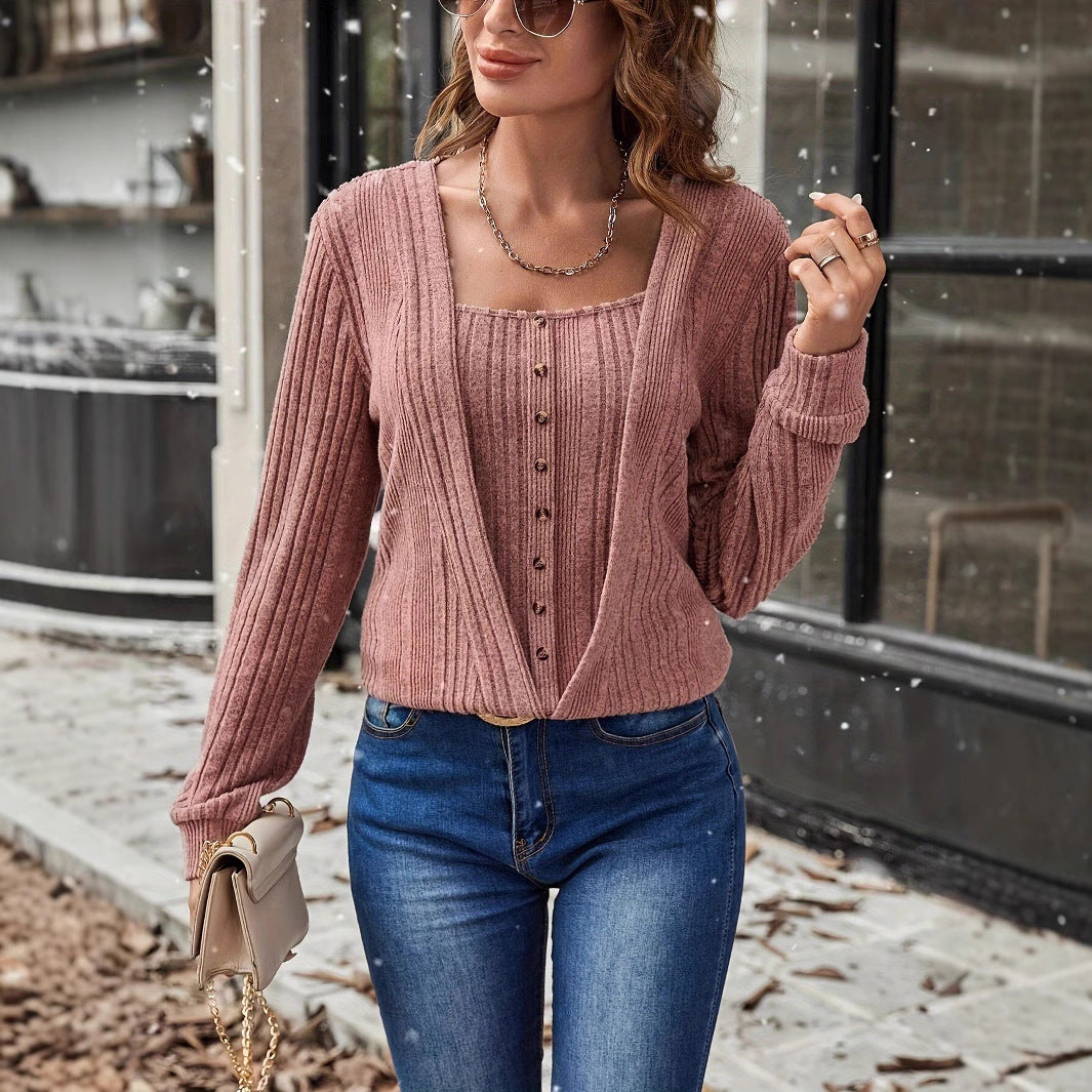 Damen Strickjacke mit tiefem V-Ausschnitt und praktischem Knopfdetail R&B