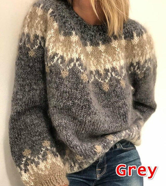 Damen gemütlicher Strickpullover mit modernem Muster und voluminösen Ärmeln R&B