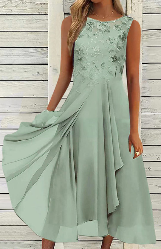 Damen nan ärmelloses Chiffon-Midikleid mit bestickter Brustpartie und asymmetrischem Lagenrock R&B