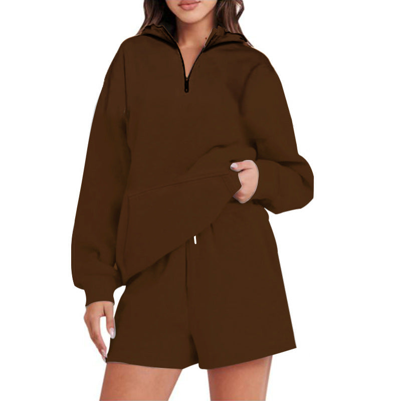 Damen Lässiger Kapuzenpullover mit kurzem Reißverschluss und praktischen Taschen R&B