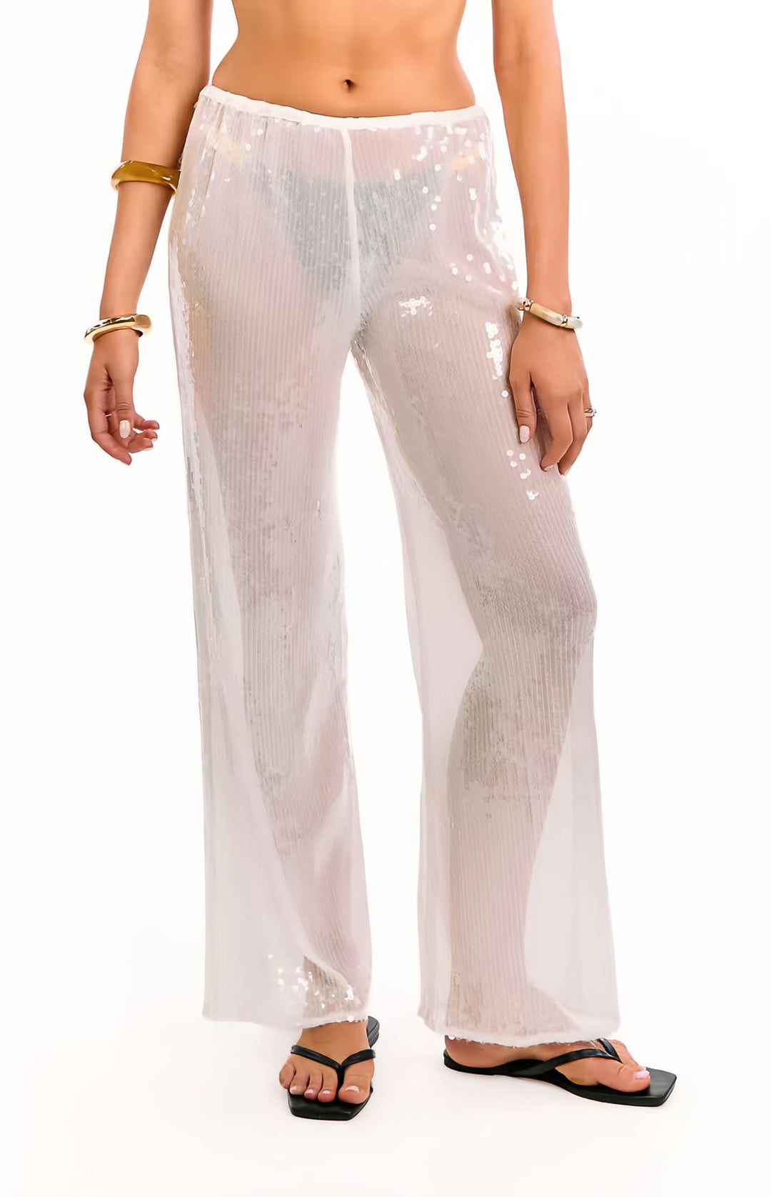 Damen Elegante Pailletten-Hose mit transparentem Chiffon und weitem Schnitt R&B