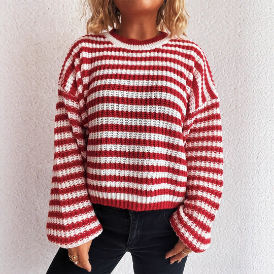 Damen lässiger Strickpullover mit breiten Streifen R&B