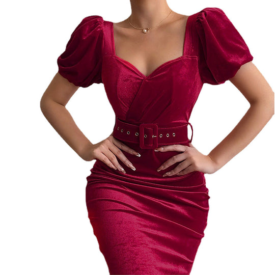 Damen Figurbetontes Kleid mit Puffärmeln und Gürtel R&B