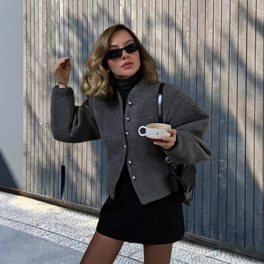 Damen elegante Kurzjacke mit stilvollen Knöpfen und voluminösen Ärmeln R&B
