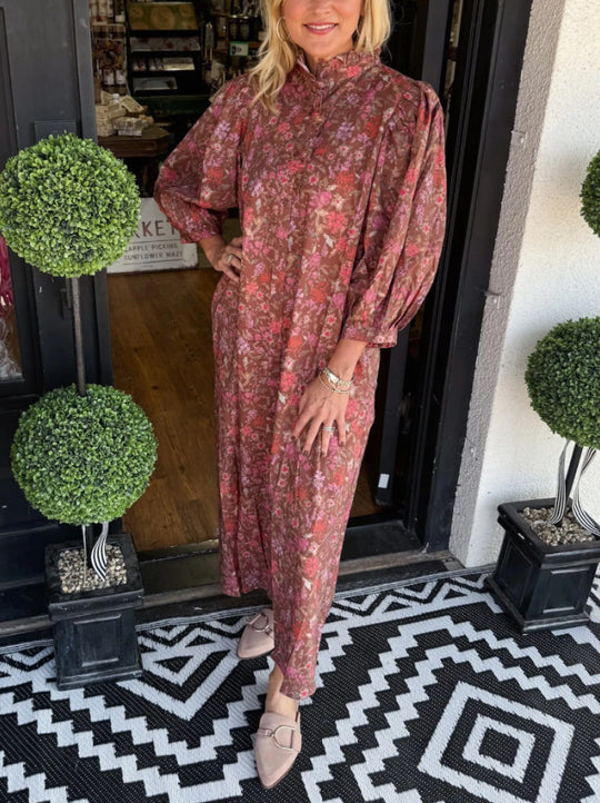 Damen Elegantes Maxikleid mit Stehkragen und weiten Ärmeln R&B