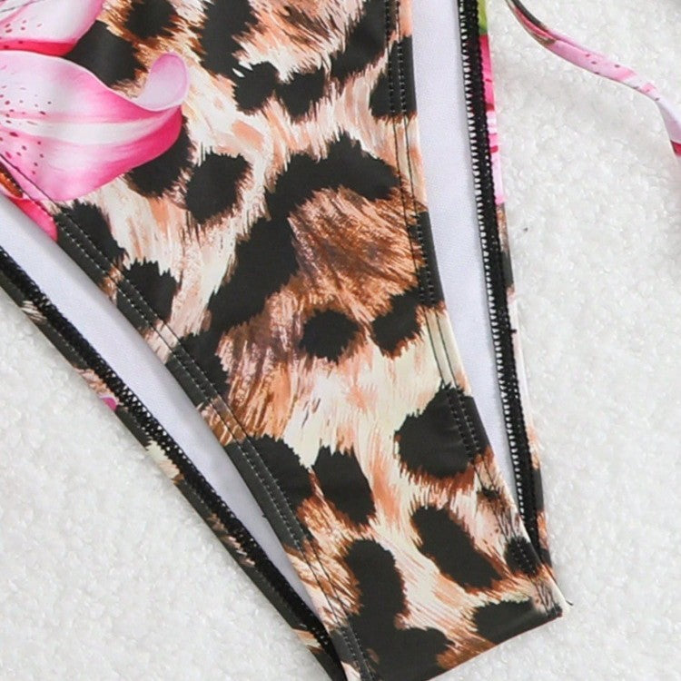 Damen Bikini-Set mit elegantem Leopardenmuster und verspielten Blumendetails R&B
