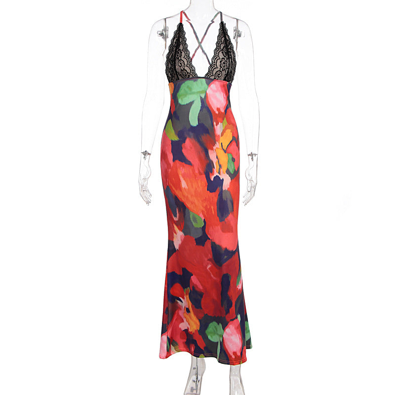 Damen figurbetontes Maxikleid mit floralem Muster und Spitze R&B