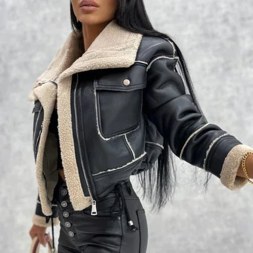 R&B | Schwarze Lederjacke mit Teddyfutter