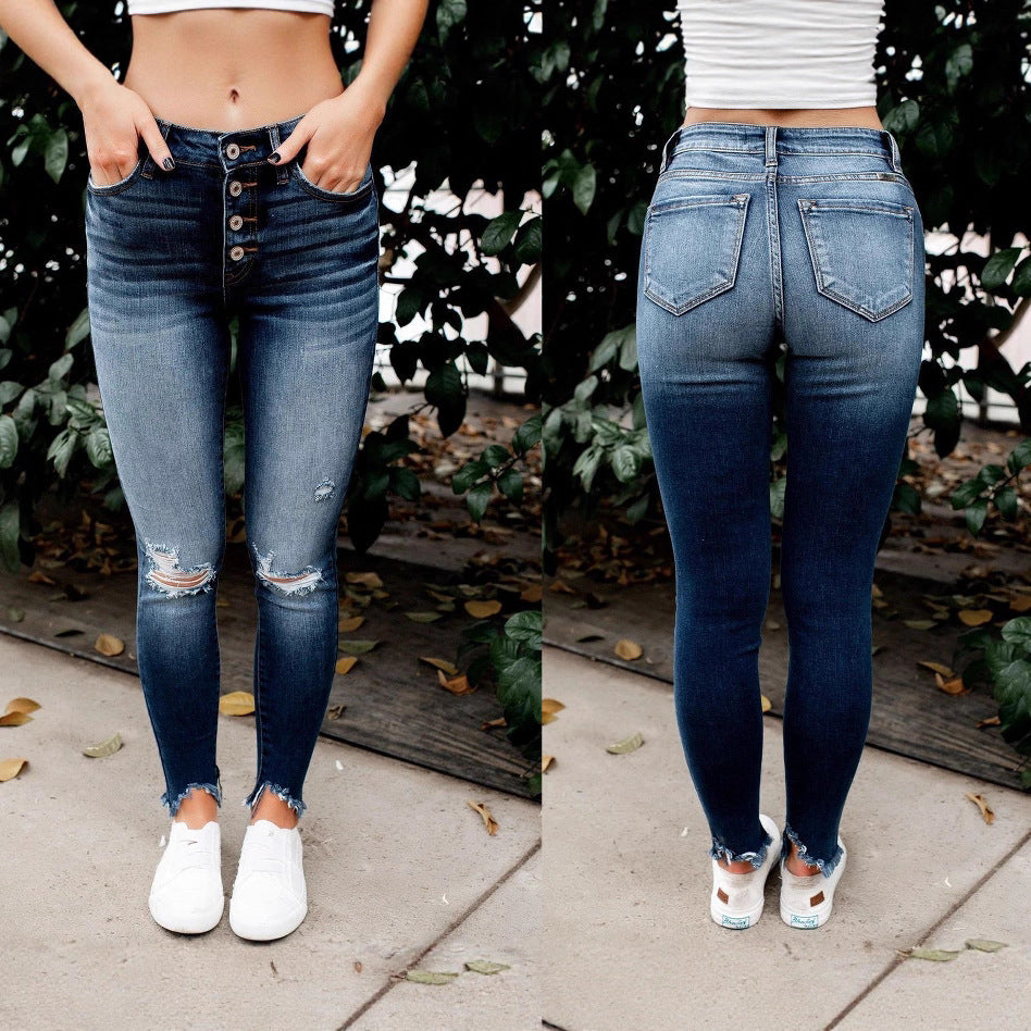 Damen Skinny Jeans mit hoher Taille und Destroyed-Details R&B