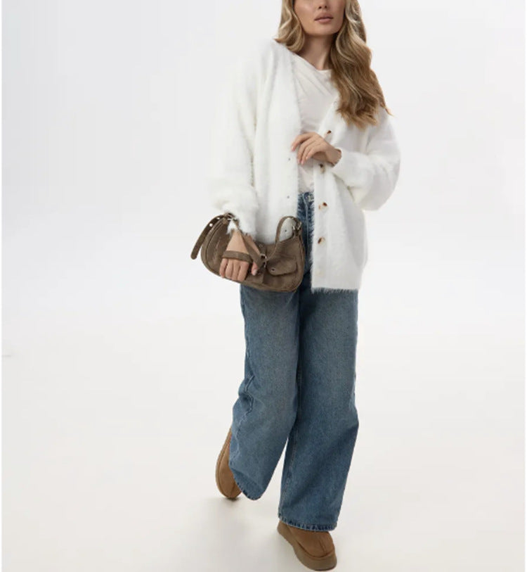 Damen Flauschiger Cardigan mit Perlknöpfen und lockerer Passform R&B