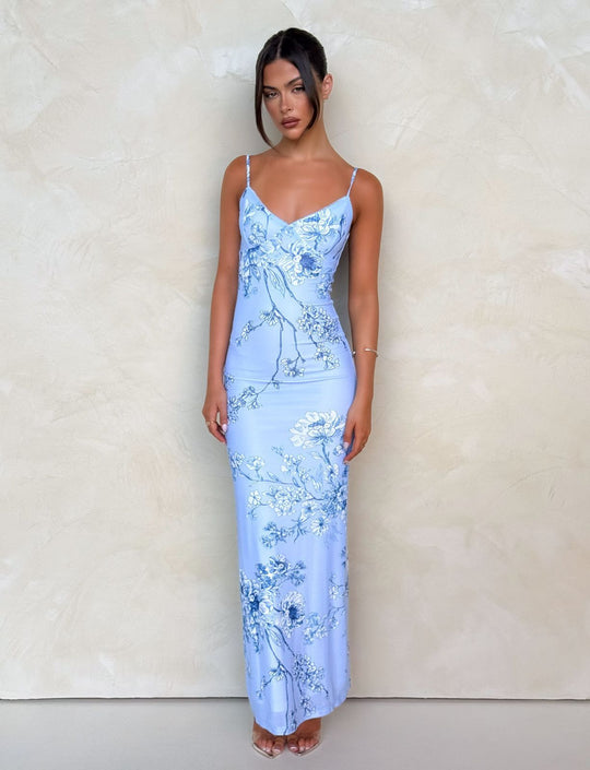Damen nan eng anliegendes Jersey-Slipkleid mit V-Ausschnitt, Spaghettiträgern und Blumen-Leo-Print R&B