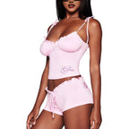 Damen Satin Schlafanzug-Set mit Rüschendetails und verstellbaren Trägern R&B