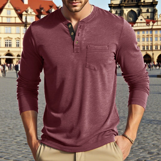 Herren Langarm-Henley-Shirt mit modischem Knopfdesign und praktischer Brusttasche R&B