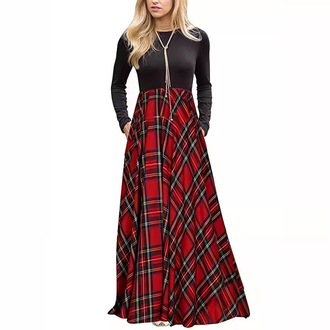 Damen Maxikleid mit modernem Karomuster und langen Ärmeln R&B