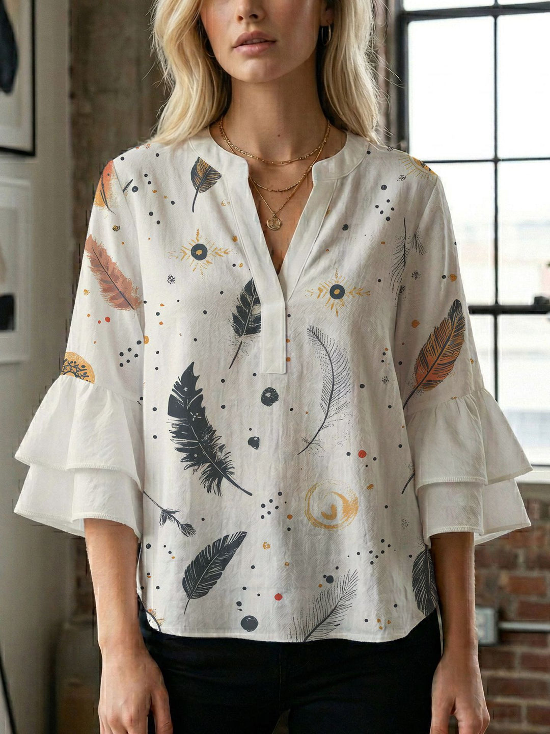 Damen Blusenshirt mit voluminösen Ärmeln und kreativem Druckdesign R&B
