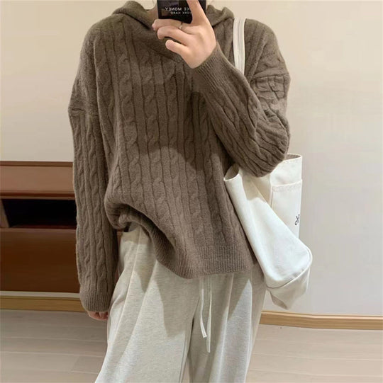 Damen Kuscheliger Strickpullover mit Kapuze und Kabelmuster R&B