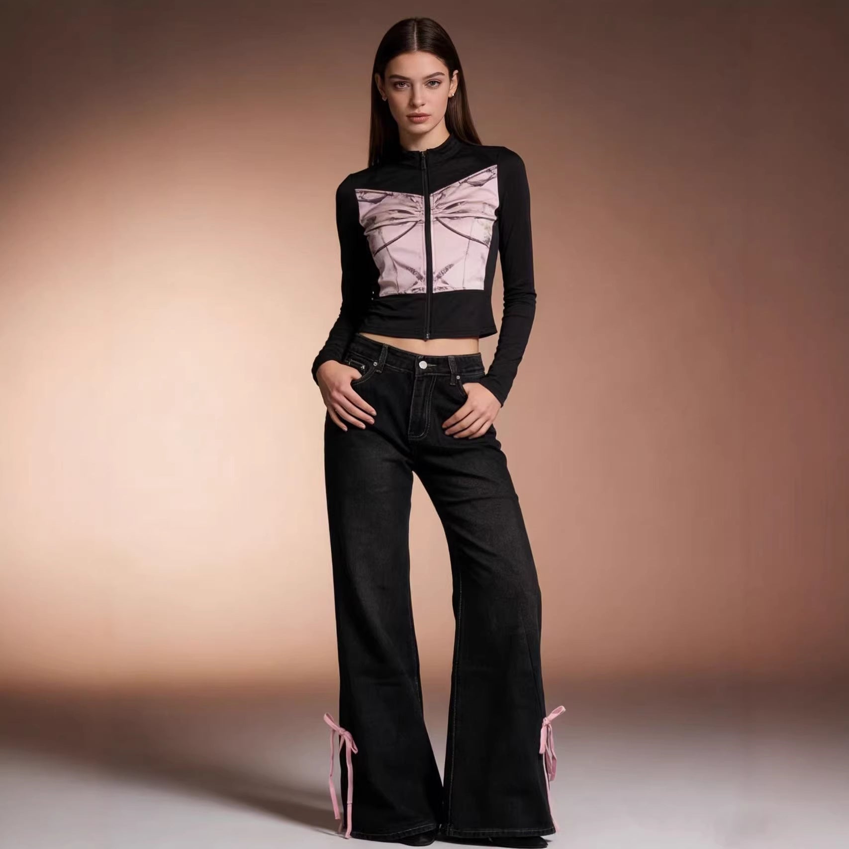 Damen Weite Jeans mit dekorativen Schnürdetails