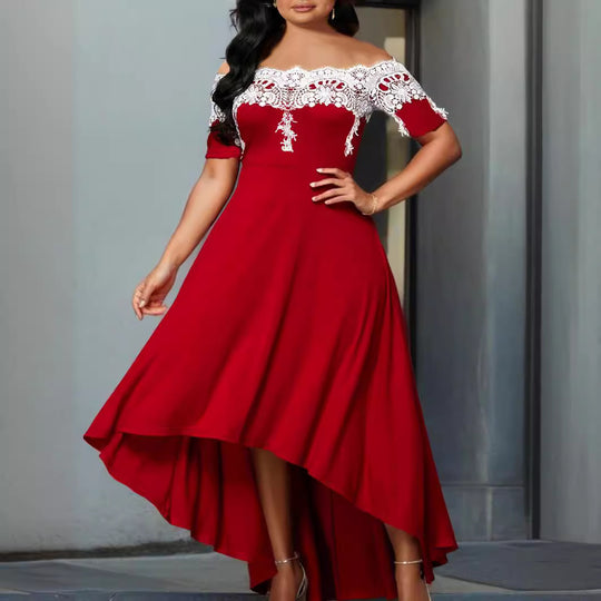 Damen elegantes Spitzen-Halbarm-Kleid mit asymmetrischem Saum R&B