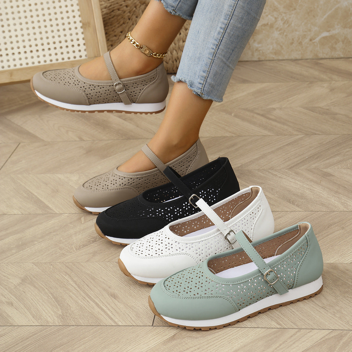Damen bequeme und atmungsaktive Ballerinas mit Riemen und perforiertem Design R&B