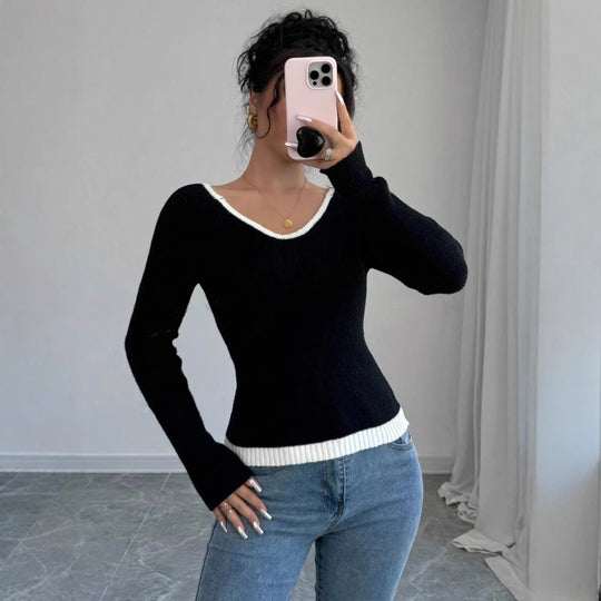 Damen modischer Pullover mit kontrastierendem Saum und tiefem V-Ausschnitt R&B
