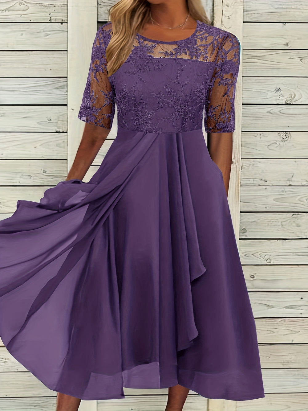 Damen Elegantes Midikleid mit Spitzenärmeln und schwingendem Rock R&B