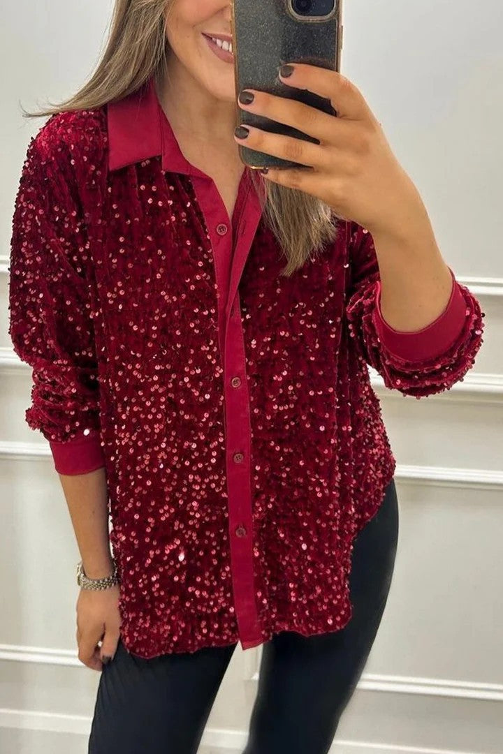 Damen Glitzernde Bluse aus Pailletten mit klassischem Kragen R&B
