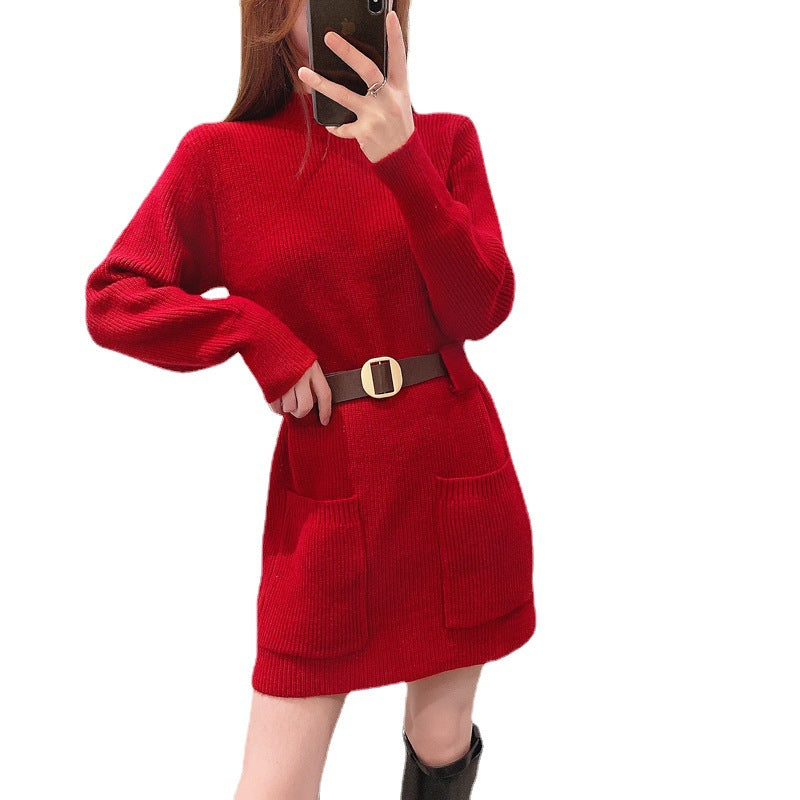 Damen Strickkleid mit hochgeschlossenem Kragen und praktischen Taschen R&B