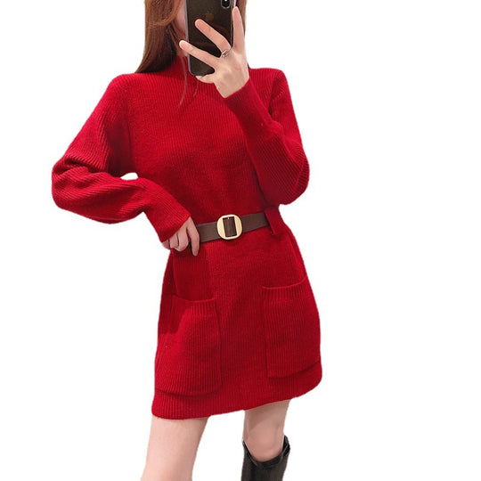 Damen Strickkleid mit hochgeschlossenem Kragen und praktischen Taschen R&B