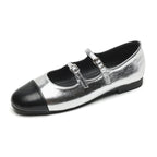 Damen Ballerinas mit doppeltem Riemen und metallic Obermaterial